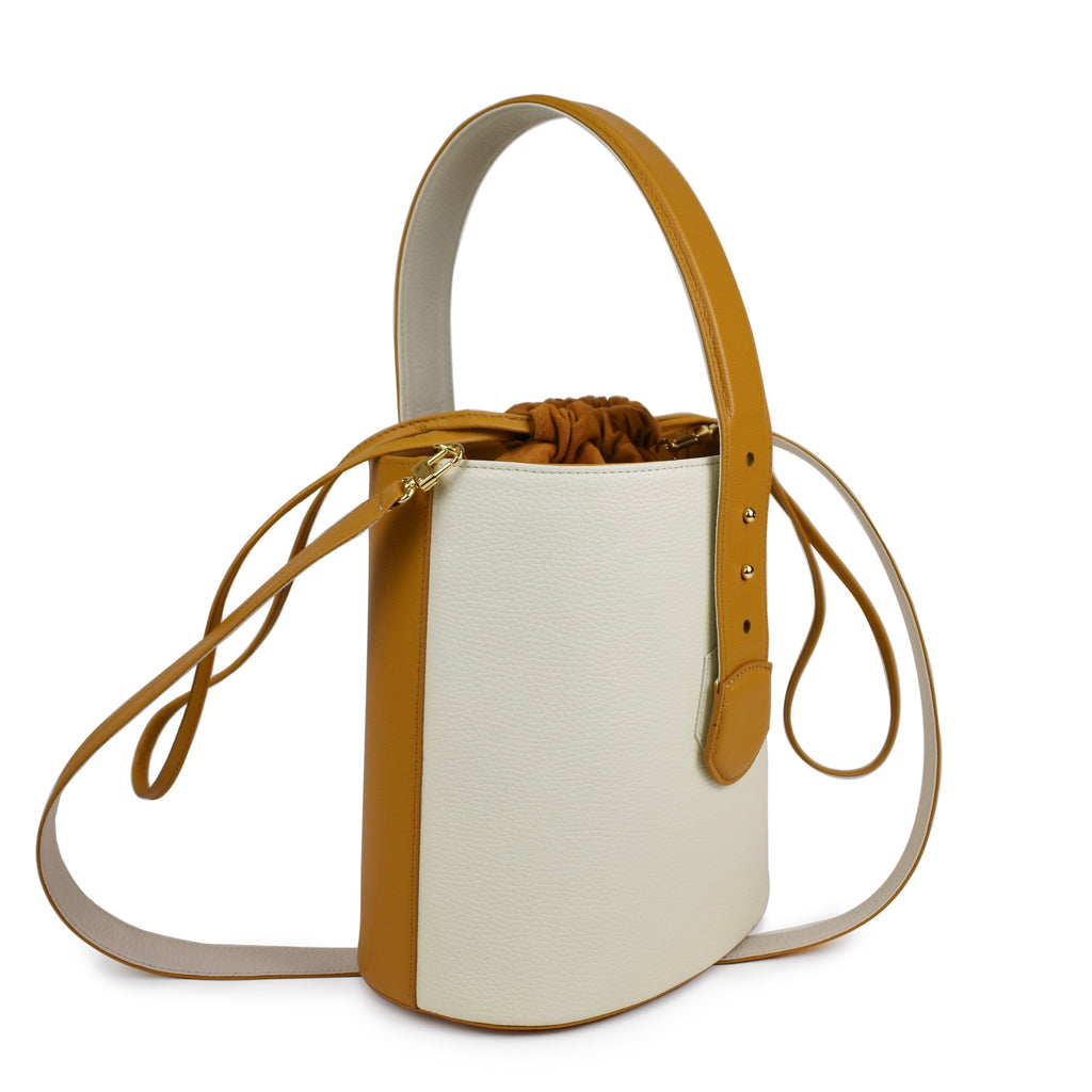 Bucket Bag de Piel Mostaza&Blanco